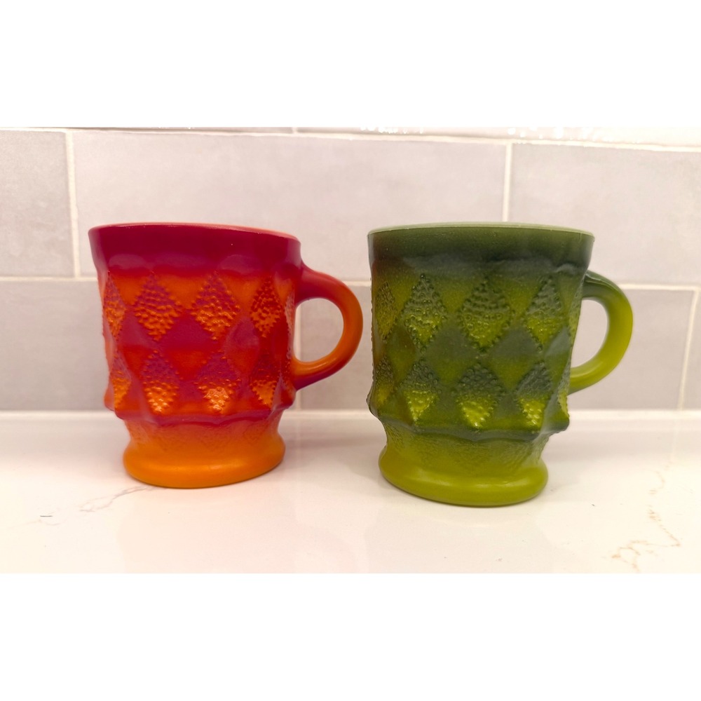 Fire-King Kimberly Diamond Mugs Set‎ of 2 Orange Green Vintage Milk Glass
